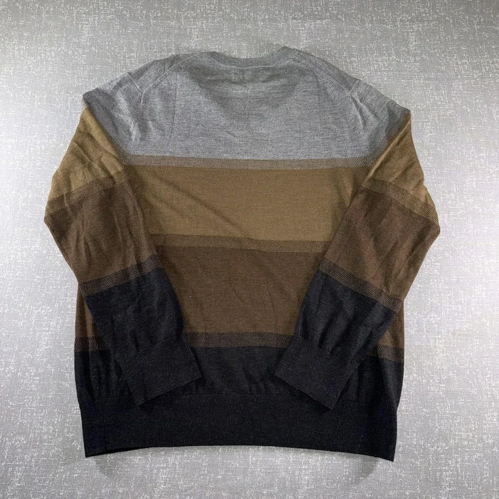 Banana Republic Sweater Mens XL Gray Brown Striped Merino Wool V Neck Knit